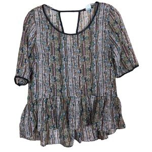 Feline Abstract Colorful Aztec Tribal Vegan Leather Peplum Blouse Lightweight Sm